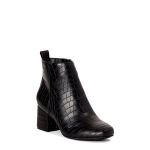 Black Faux Alligator Ankle Booties with Short Heel